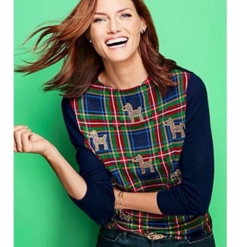 Talbots Merino Wool Tartan Plaid Rhinestone Scottish Terrier Dog Sweater Large